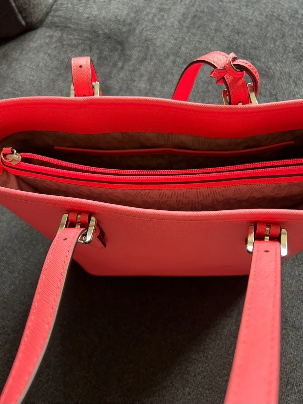 Michael Kors Coral Pink Leather Tote with MK Charm